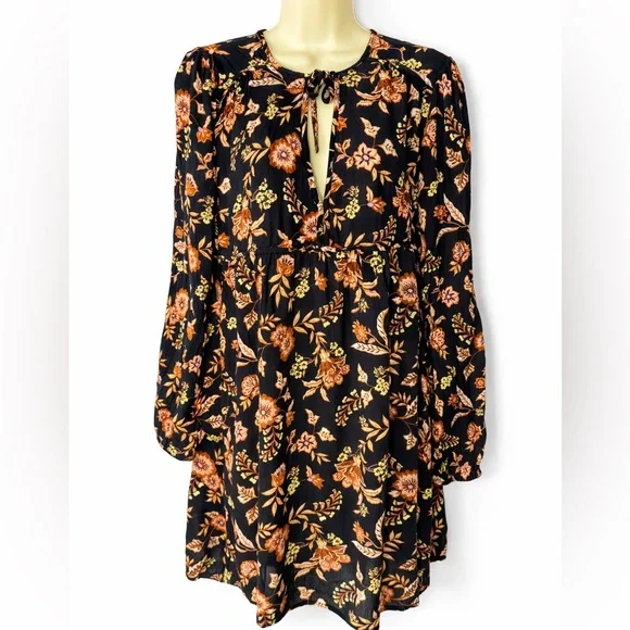 Billabong Hearts Desire Floral Boho Mini Dress Large Black Orange Long Sleeve - Picture 2 of 8